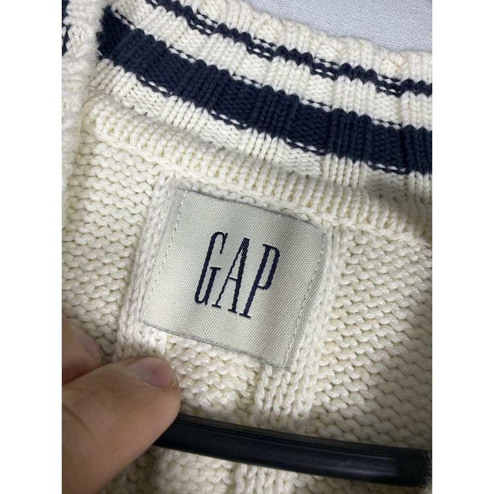 VTG GAP Tennis Sweater Mens Medium White Blue V Neck Cable Chunky Fisherman 90s - Picture 3 of 7